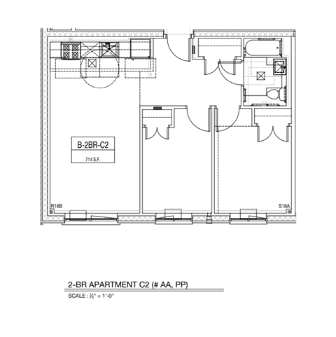 Floor plan for 2 beds, 1 bath, 766 sqft